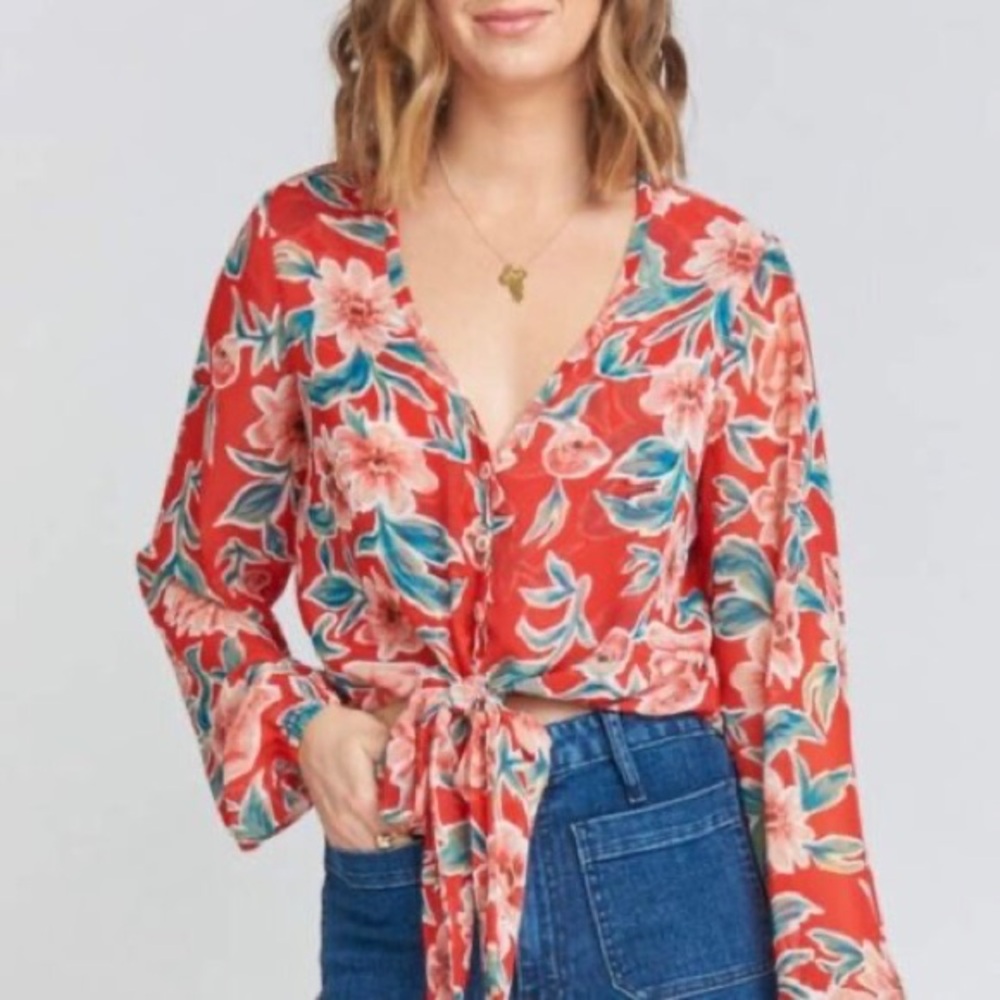 Show Me Your Mumu Tatum Red Floral Tie Semi Sheer Flow Long Sleeve Blouse Top- M